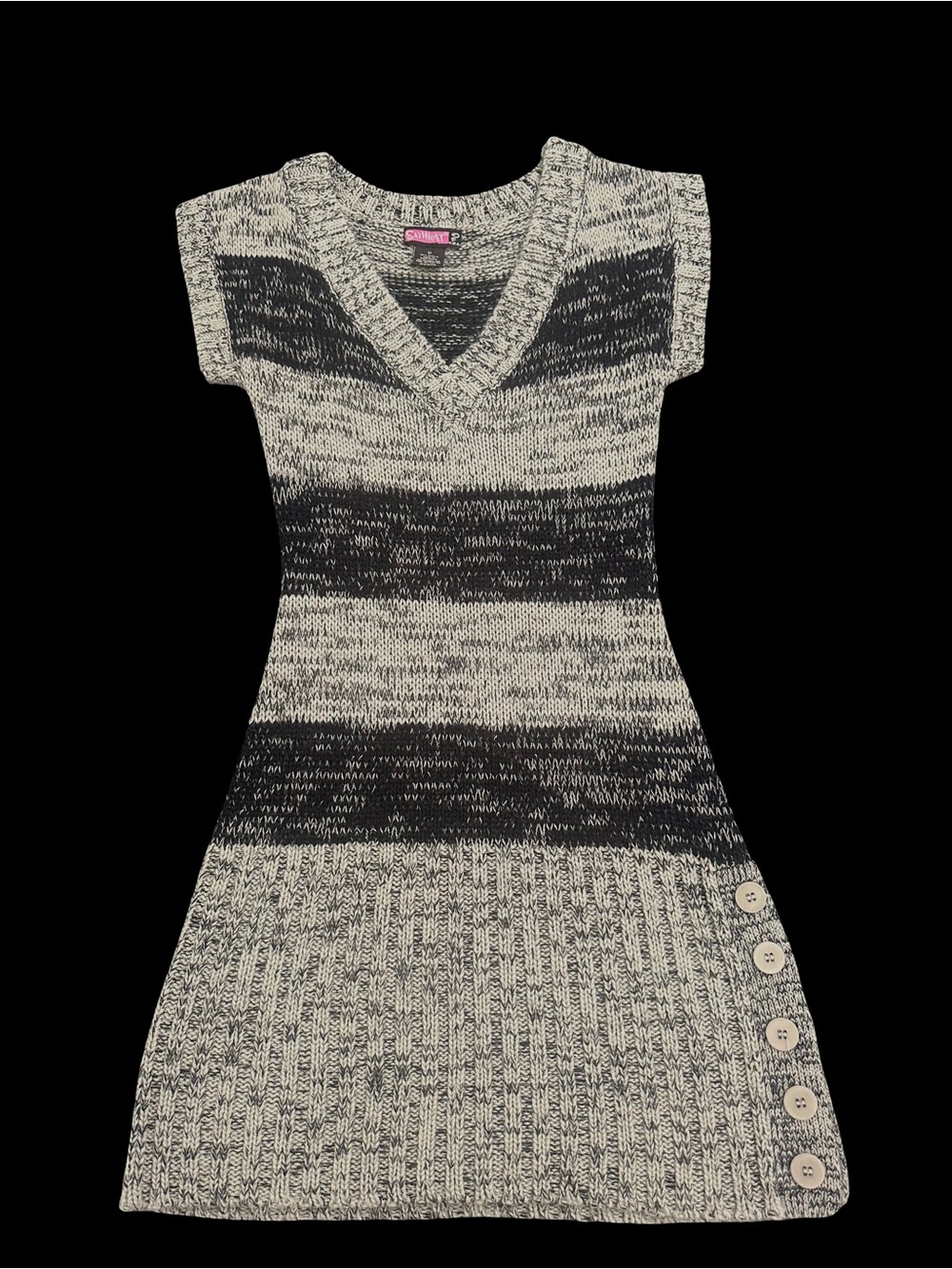Knit V-Neck Sweater Dress in Black and Gray